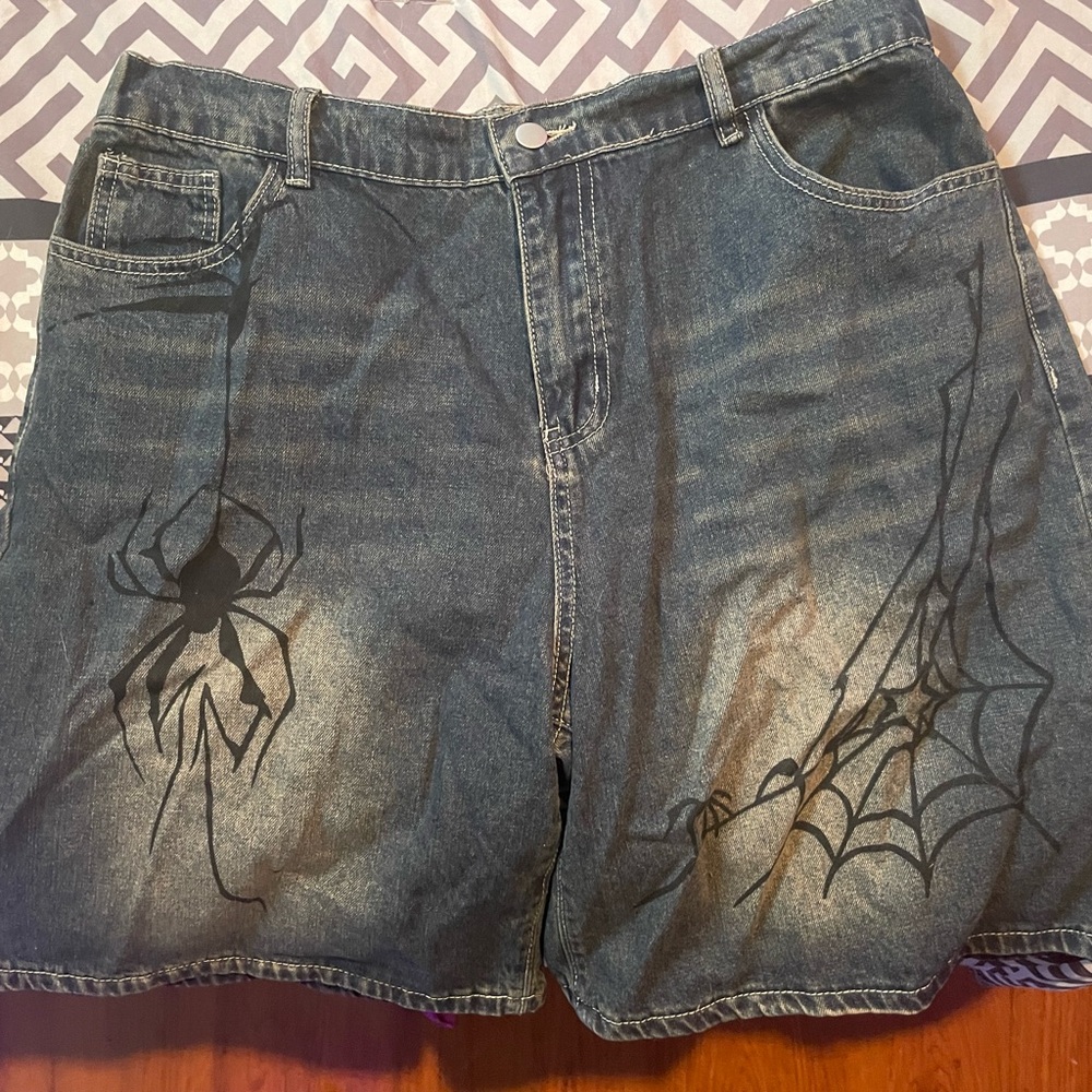 SHEIN Blue Jean Shorts with Spider Web Design